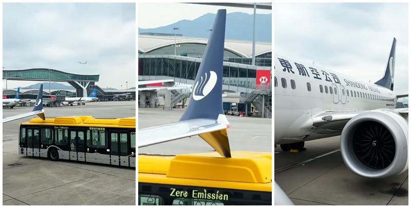 香港機場一輛沒有載客的停機坪接駁巴士倒後時，車頂意外刮到山東航空一架客機翼，機翼一度被頂起，司機疑察覺失誤後，立即向前行駛，惟車頂與機翼再次發生碰撞，車頂被刮花。(影片截圖)