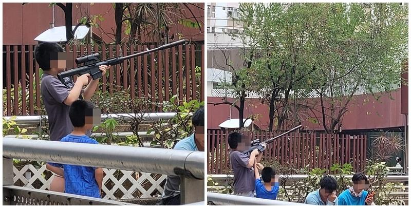上水彩園邨平台有男童當眾手持「狙擊槍」型長槍射雀(Facebook群組「香港突發事故報料區及討論區」) 