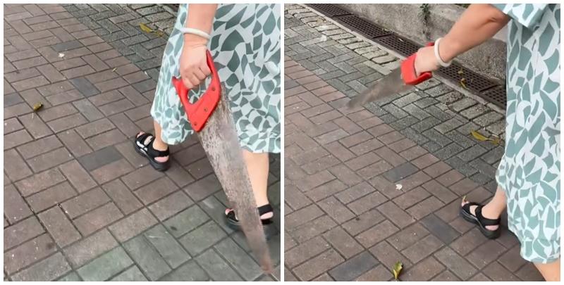 有網民日前上載一段影片，拍到一名大媽在街頭手持鋸刀行走(Threads)