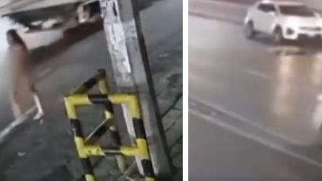閉路電視拍到珍妮斯全身赤祼在街上行來行去(左)，最終被車撞倒(右)。(互聯網)