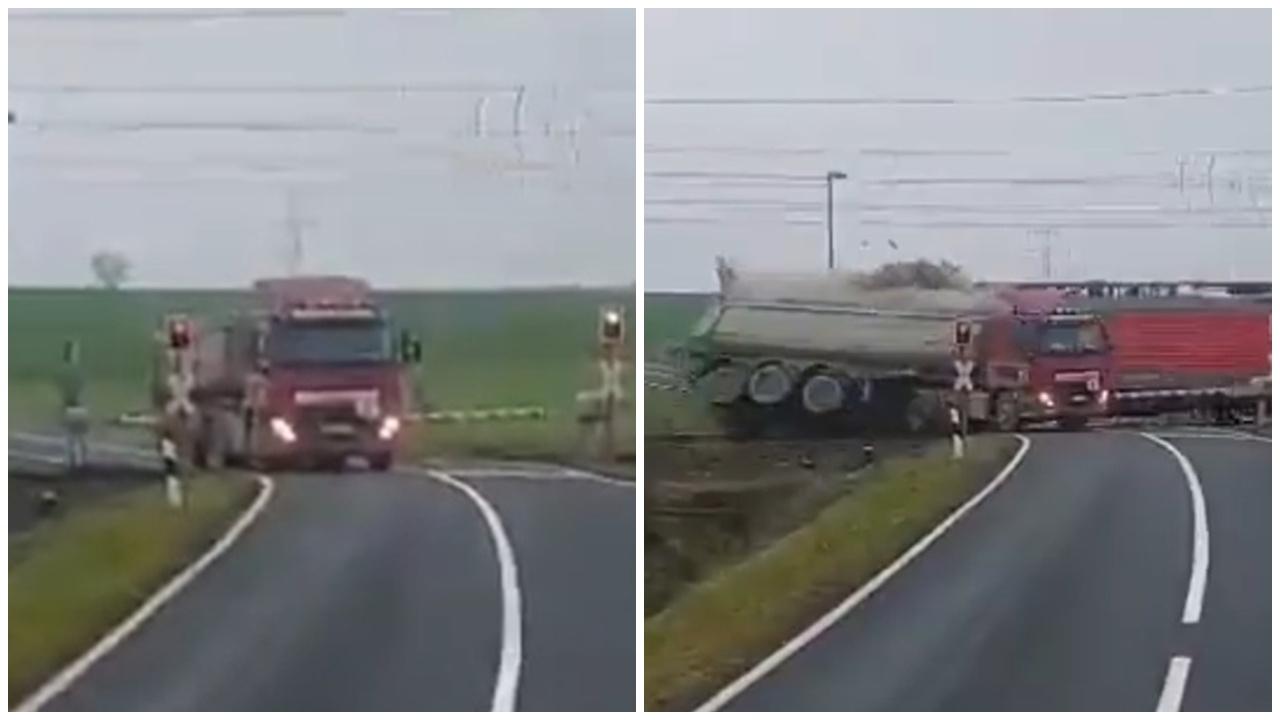 貨車卡平交道驚見火車逼近，司機果斷跳車避過一劫。(X)