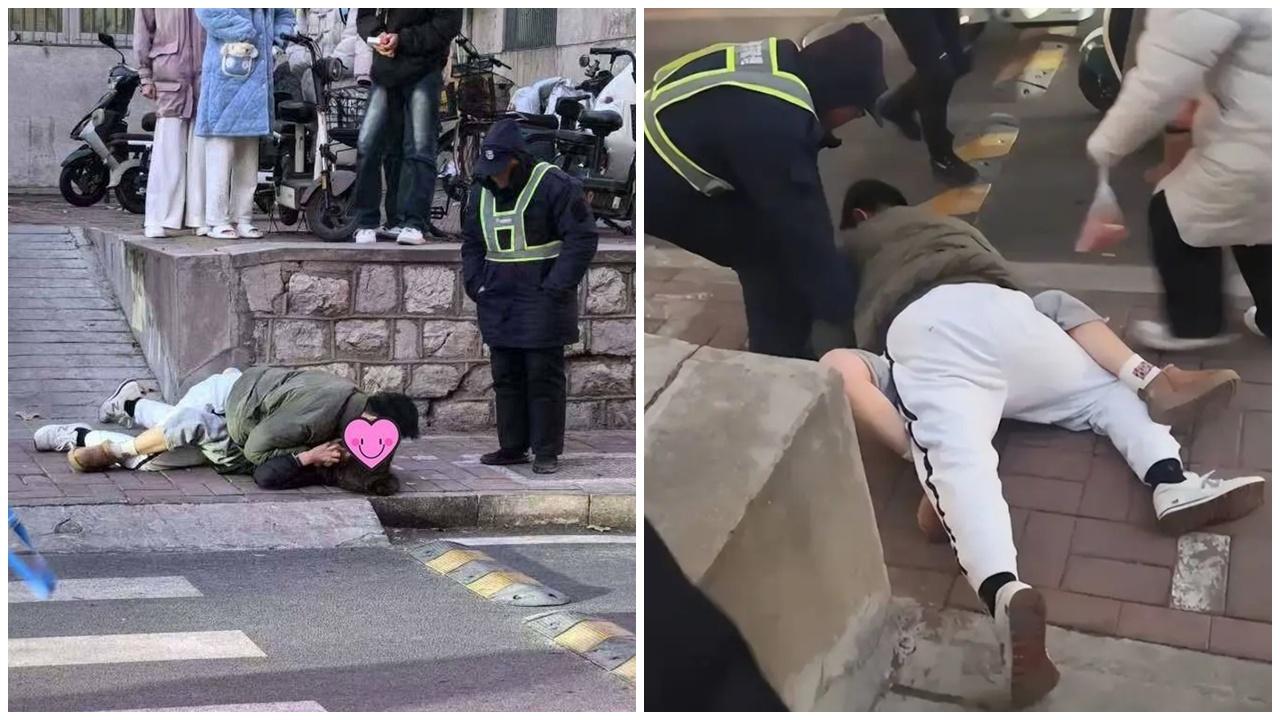 山東大學男大生偷食，將女友按地強吻求原諒，嚇得保安不知所措。(微博)