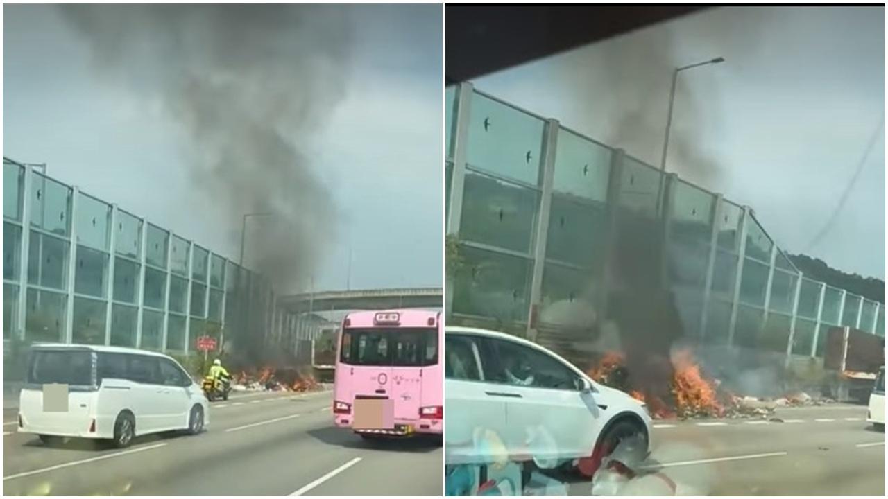 粉嶺公路貨車雜物起火棄路邊