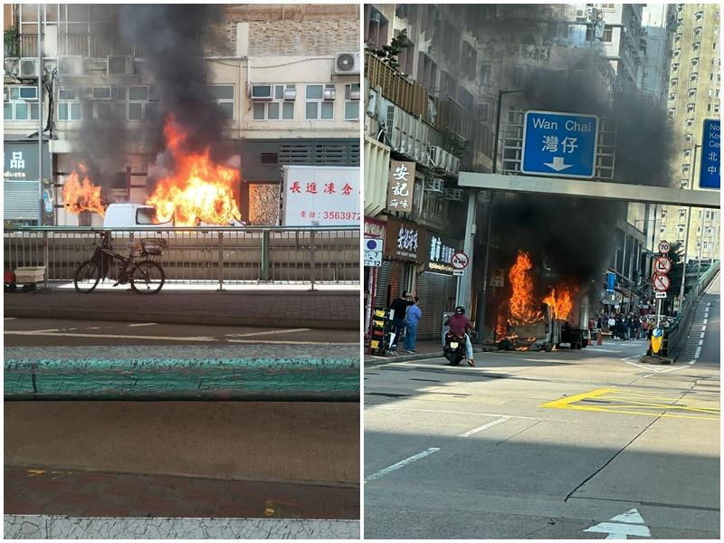 灣仔貨Van疑車Cam短路起火 部分行車線封閉(馬路的事Facebook圖片)