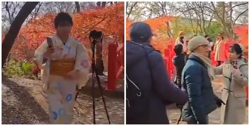 南京當地有女子穿上和服在南京中山植物公園拍照，但被途人怒斥後穿回外套遮蓋。（影片截圖）  