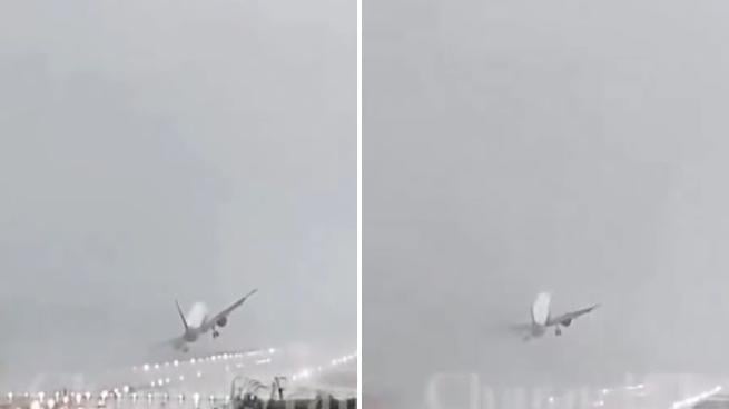 客機降落時被強風吹至45度傾側，險些墮地，機師決定再爬升，取消降落。(互聯網)