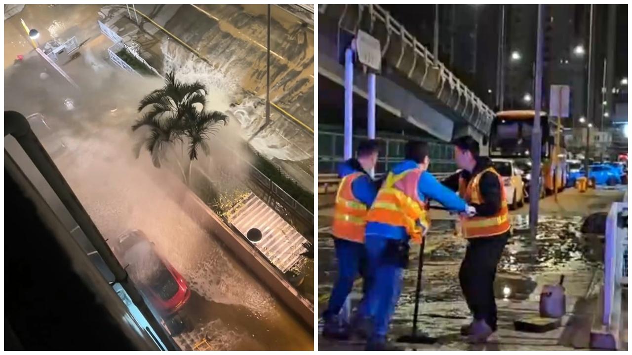 筲箕灣鹹水管爆裂噴水柱，磚塊沙石擊毀七人車車窗。