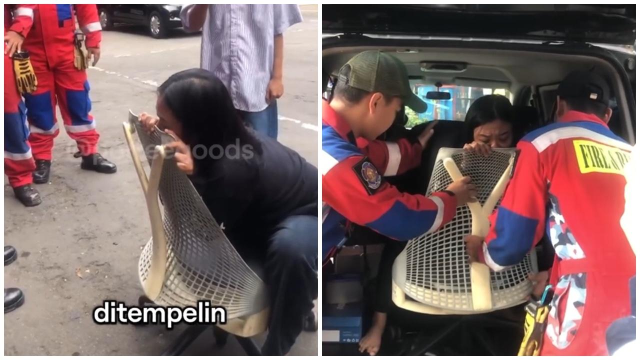 女子爛瞓鼻環卡椅罅，連人帶凳赴消防局求助超𤓓。(IG)