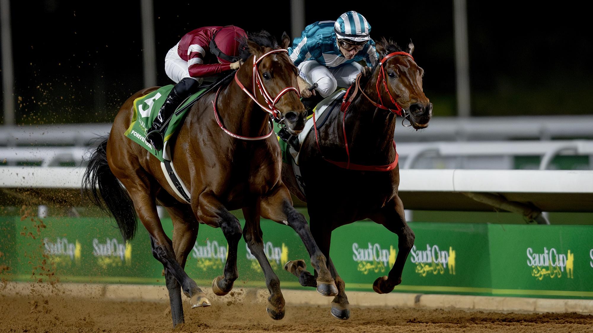 浪漫勇士(右)首戰泥地一級賽奪亞軍。(馬會提供)