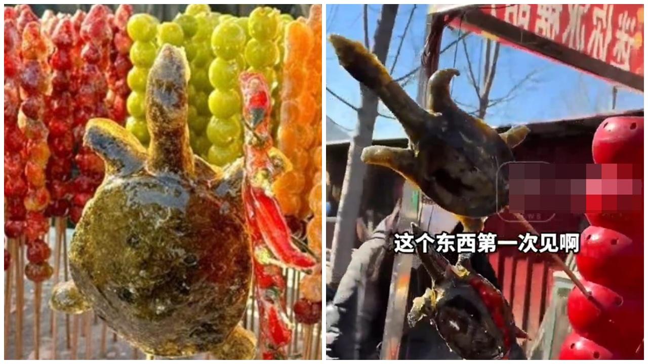 冰糖葫蘆「進化」至用水魚製成，檔主：它叫冰糖「龜蜜」。(微博)