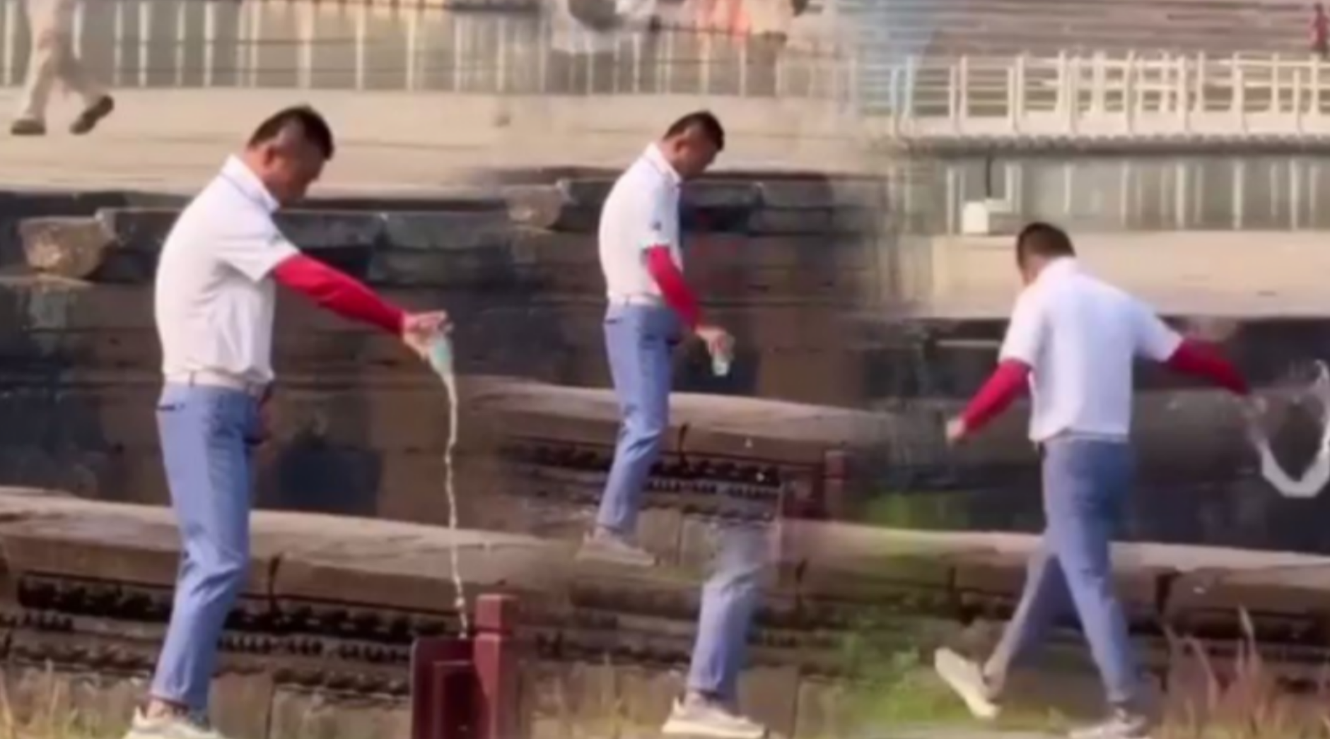 南韓傳譯員黃博東本月13日帶領南韓遊客參觀吳哥窟時，突然眾目睽睽在一處公共區域小便，他解開褲子將尿液裝入瓶子後再倒到地上。(影片截圖)