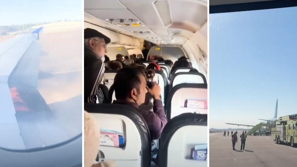 左至右：客機右邊引擎起火，乘客在機艙張望，客機其後停在跑道，消防車到場。(互聯網)