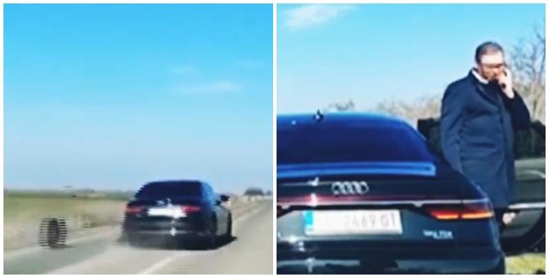 塞爾維亞總統武契奇乘坐的座駕上周六（8日）於北部地區一公路行駛途中發生意外，輪胎發生脫落，後方車隊的車Cam直擊其座駕一度失控，左搖右擺後急煞停，幸事件未造成傷亡，武契奇及隨行人員下車檢查狀況。(影片截圖)