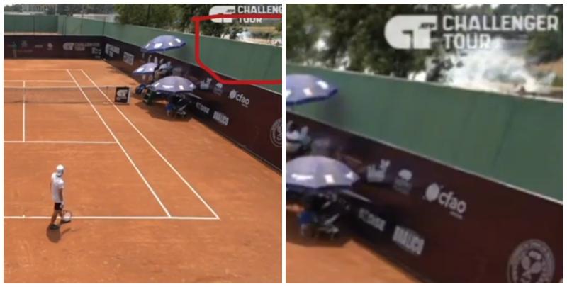 非洲剛果共和國首都布拉柴維爾(Brazzaville)周二舉行的一場ATP職業網球挑戰賽發生了令人震驚的事件，賽事在進行時，場外突傳出槍聲和有人施放催淚氣體，賽事一度暫停。(畫面截圖)
