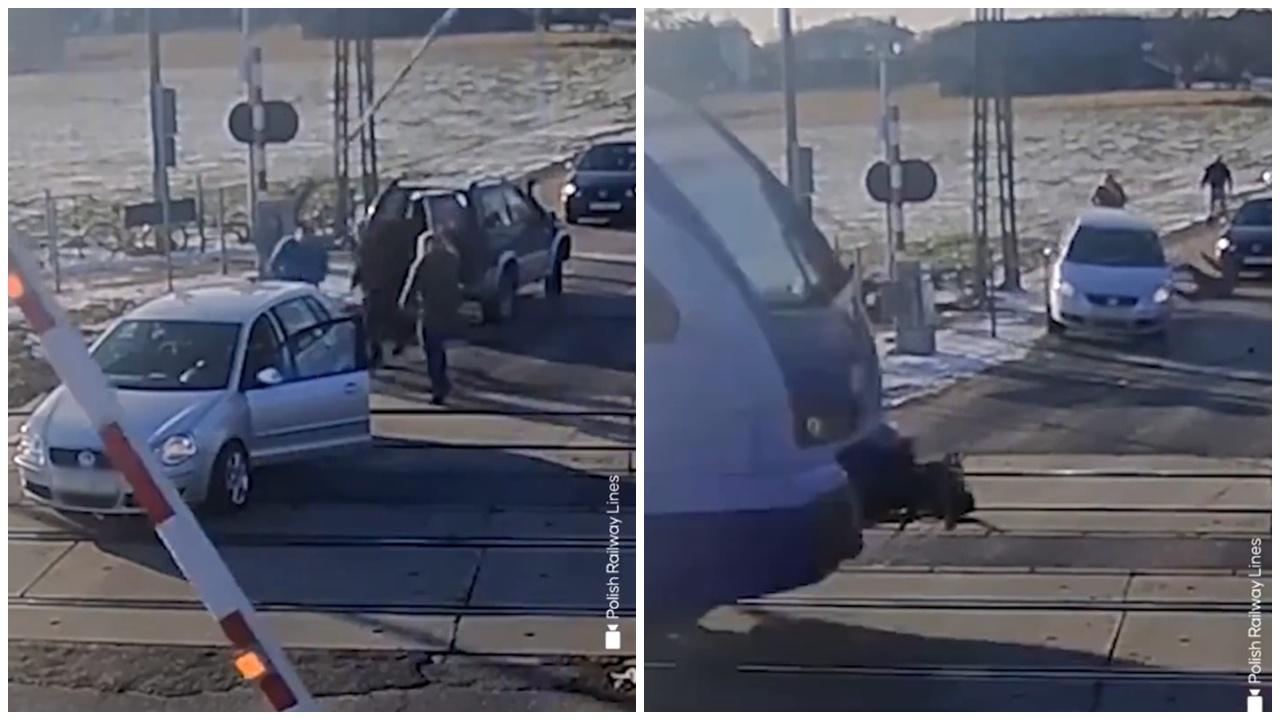 私家車平交道死火遇火車將至，女司機搵人拖車慘被輾腿。(X)