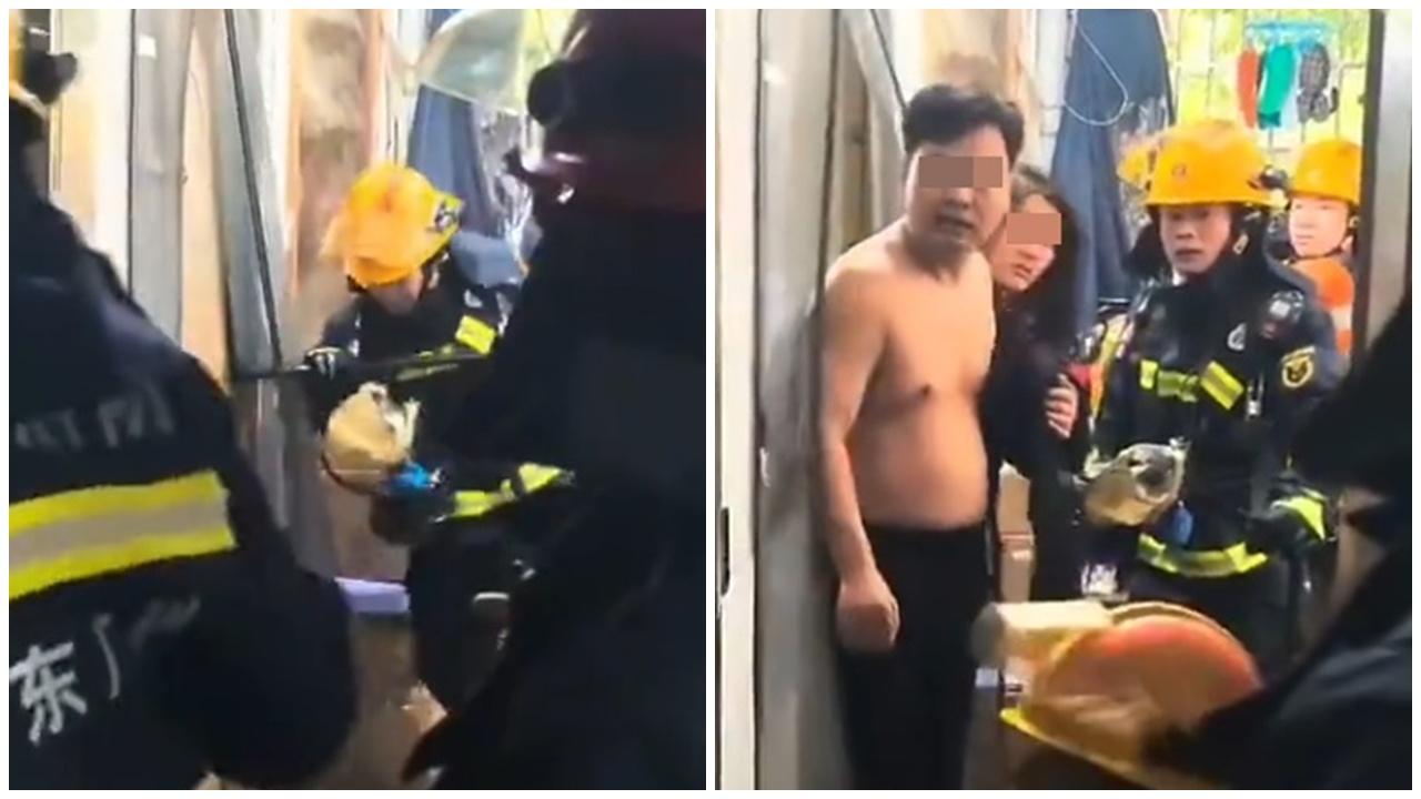 廣州女住所哀號叫「救命」，鄰居報警消防撬門尷尬驚見半裸男女。(微博)