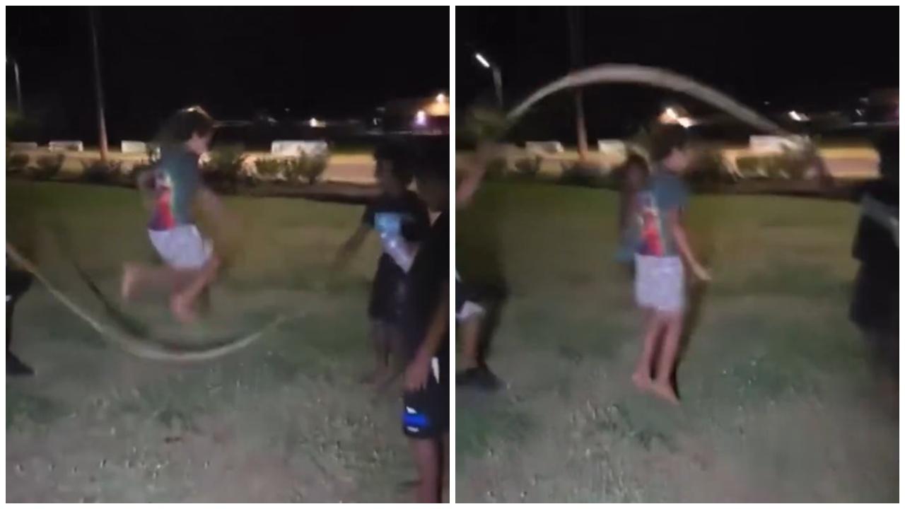 頑童拿2.5米長蟒蛇當繩跳，政府譴責：可處巨額罰款。(X)