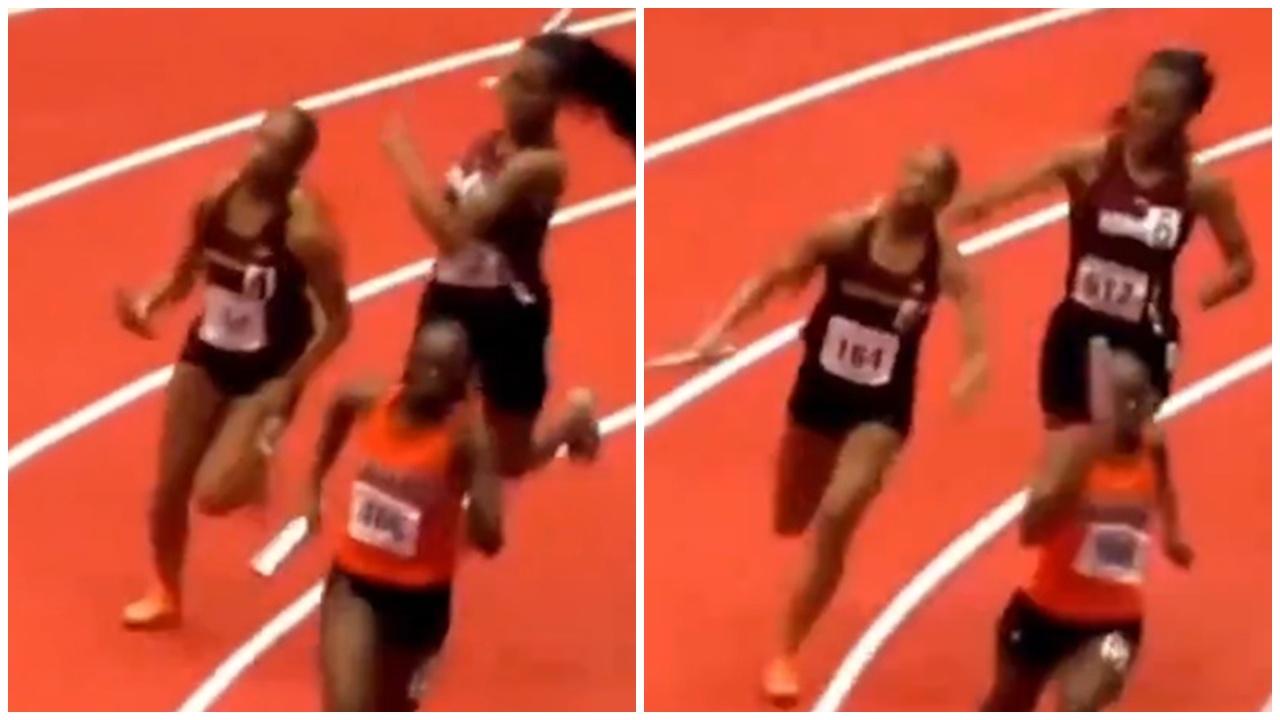 高中妹賽跑被超越，竟用接力捧扑對手致腦震盪。(X)