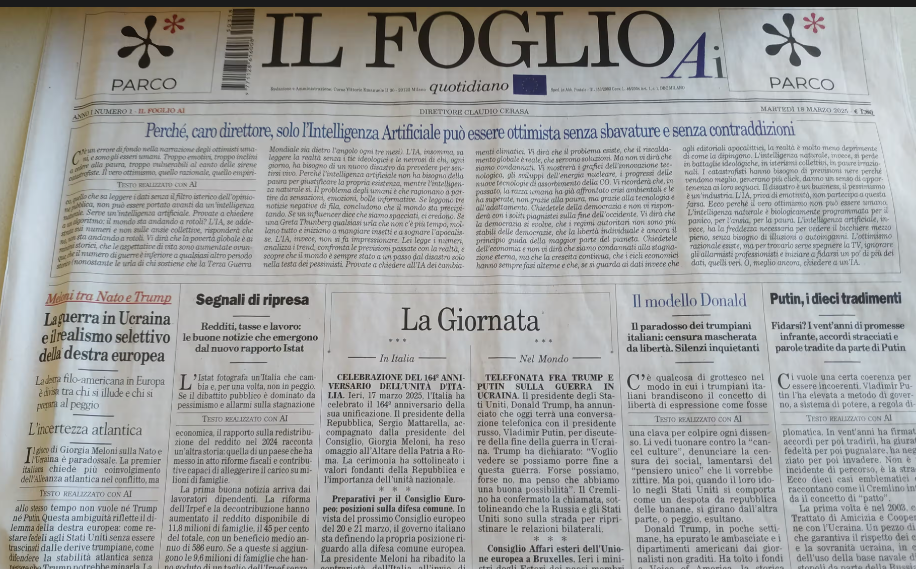 意大利保守自由派日報《頁報》（Il Foglio）推出全球第一份內容完全由人工智能（AI）一手包辦製作的報紙，屬於為期一個月的新聞實驗一部分(網上圖片)