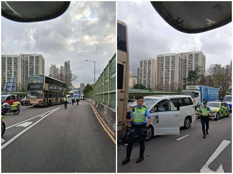 大埔公路沙田段私家車撼九巴，車頭盡毀5人受傷。(馬路的事 (即時交通資訊台)Facebook)