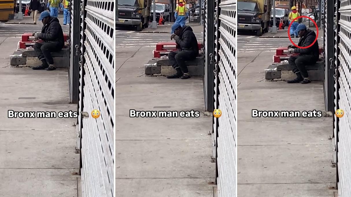 左至右：男子慢慢撕開老鼠皮毛，突然啃咬，扯出鼠肉或內臟，含在口裡(右圖，紅圈示)。(互聯網)