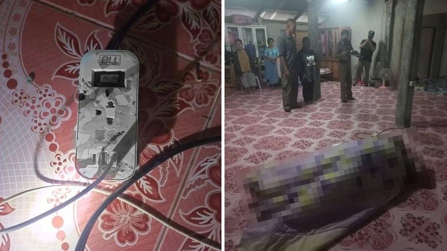 充電插頭有燒焦痕跡(左)，少女在床上觸電，其後證實死亡(右)。(互聯網)