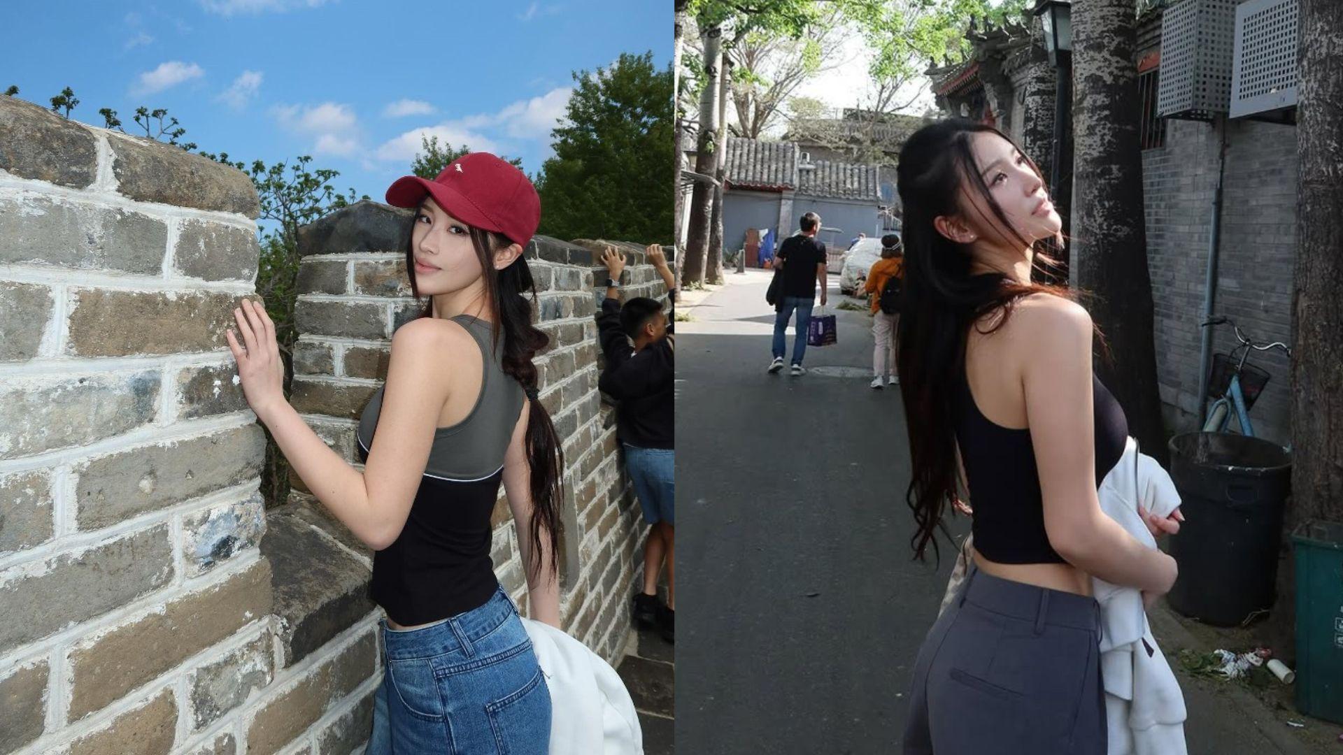 郭珮文穿背心登長城留倩影 北京行展示S身段