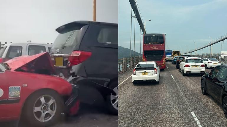 青馬大橋發生5車連環「串燒」車禍。（fb「車cam L（香港群組）」圖片）