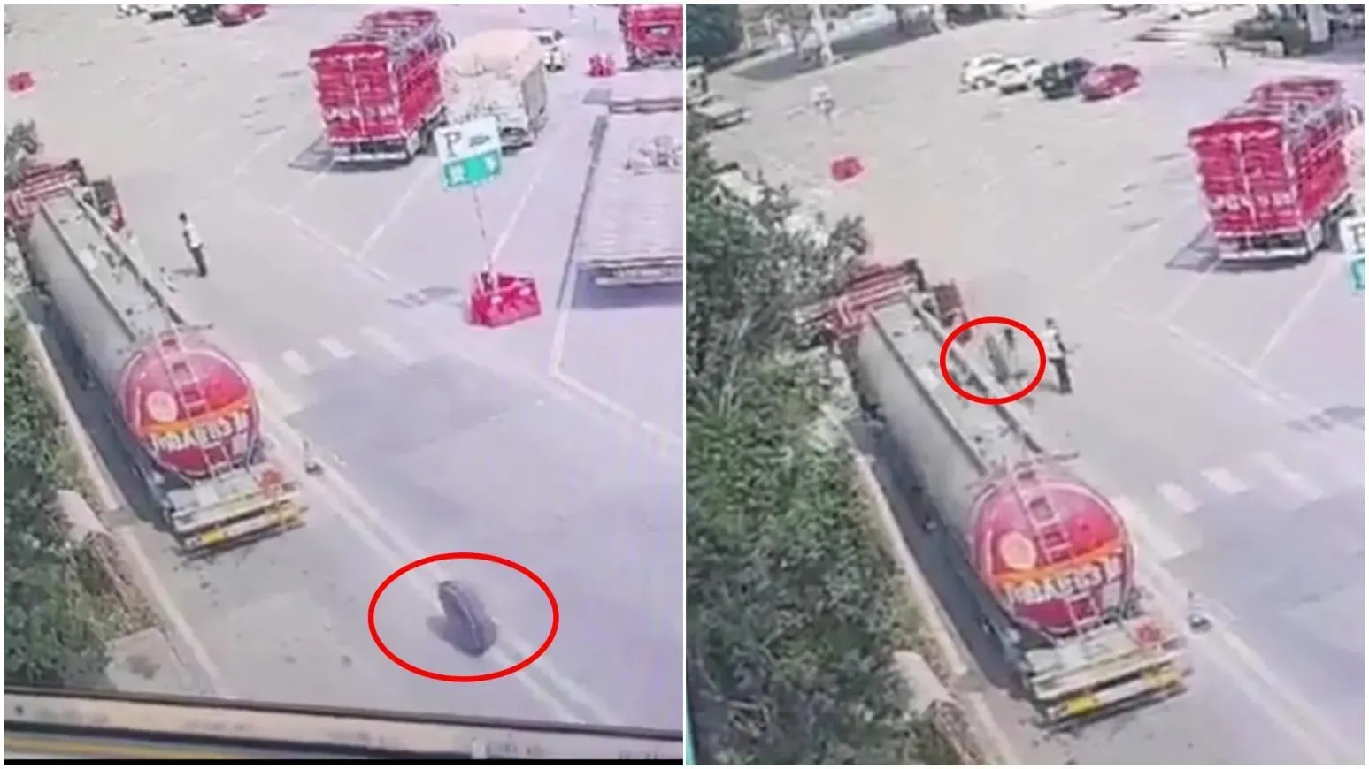 大輪胎一路滾進休息區，砸死了正在聊天的女行人。（圖／翻攝微博）