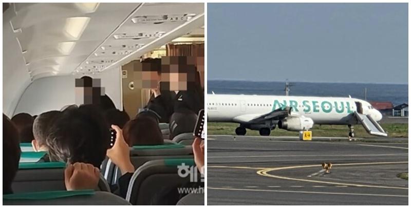 涉事的首爾航空航班接載202名乘客，滑行期間一名約30多歲的女乘客突然跑向前艙，並打開右側的應急出口，逃生滑梯隨即彈出，飛機無法繼續滑行，被迫中斷起飛。機場要派出拖車將客機拖離跑道，乘客需等待替代航班。(網上圖片/影片截圖)