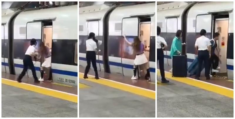 廣東深圳市一名女旅客近日在深圳北站，為等待同行人上車，強行用腳阻擋高鐵車門關閉，被行政拘留處罰。(影片截圖)