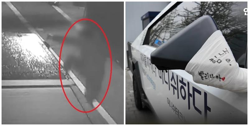 南韓首爾江南區近日發生當街腳踢破壞美國電動車製造商Tesla旗下Cybertruck事件，疑犯為一名中國男遊客，倒後鏡受損。(影片截圖)