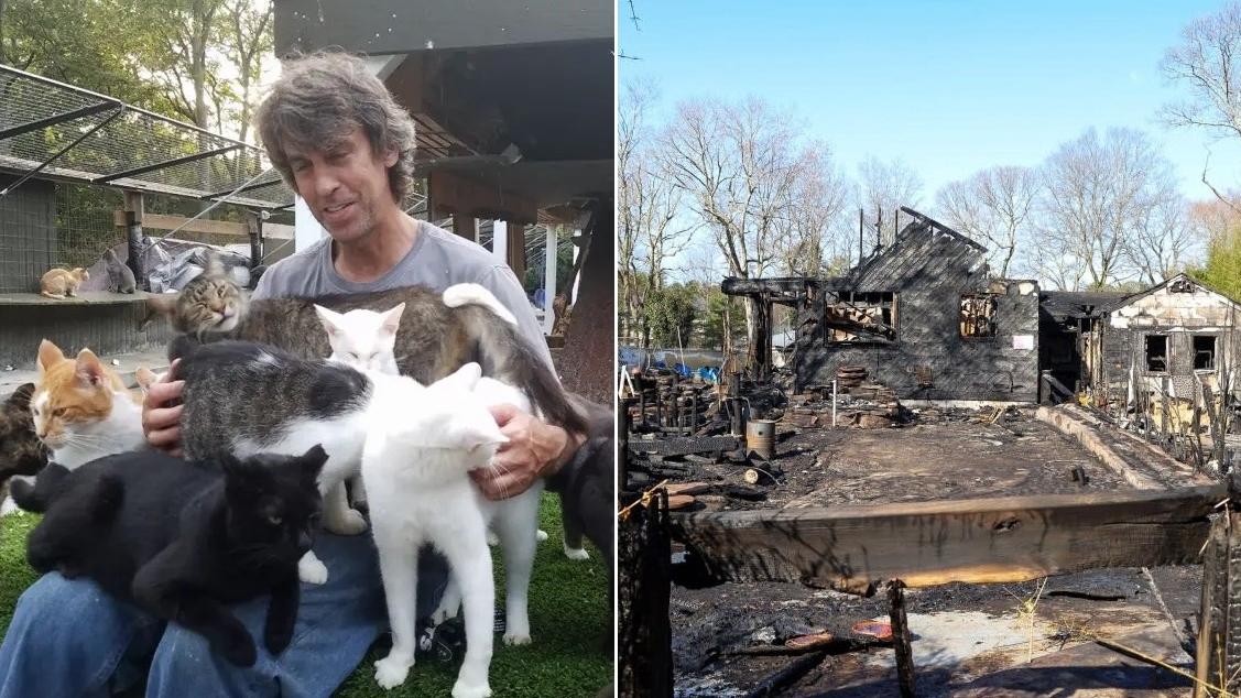 紐約長島「快樂貓之家」大火，燒成廢墟，創辦人阿瑟諾為救貓，與100多隻貓同遭燒死。(互聯網)