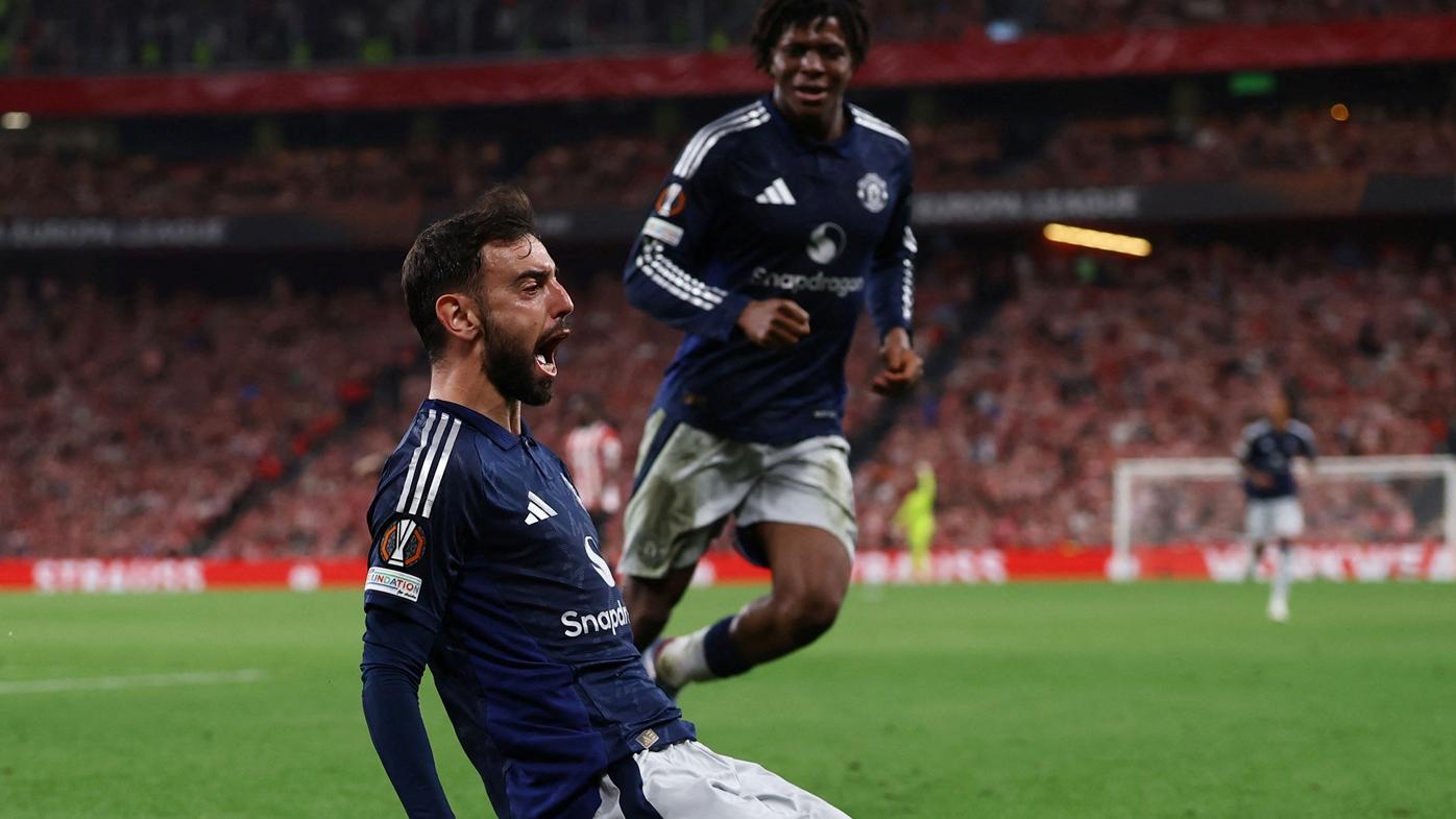 般奴費南迪斯梅開二度，協助曼聯首回合領先3:0。(路透社)