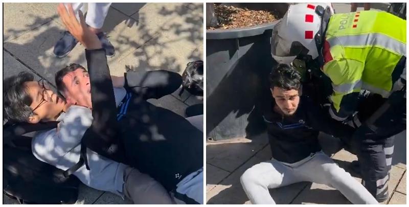 山東一名青年近日在西班牙巴塞隆拿街頭遇到小偷，當場使出鎖喉招式把對方制服，獲當地警員和市民讚賞。(影片截圖)