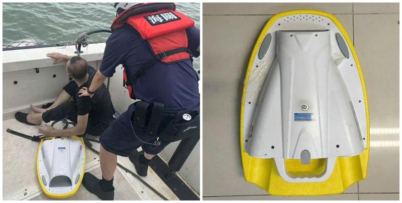 澳門海關在路環竹灣對開海面，截獲一名涉嫌利用水上推進器偷渡的內地男子，經審理被判處5個月徒刑。(澳門海關) 