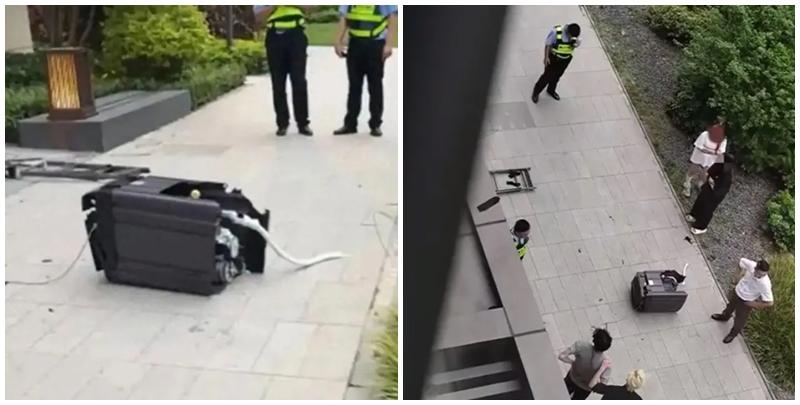 廣東佛山屋苑保利時代天珀近日有業主指，一部洗衣機突然從天而降，嚇煞街坊，懷疑是有單位的一對情侶爭吵，高空擲物洩憤所致。(影片截圖)