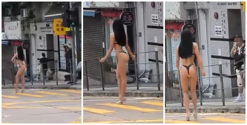  有網民上載影片，現場在西營盤西邊街及皇后大道西交界，一名身穿三點式泳衣高跟鞋的長髮女子，在班馬綫展示其「健美」身段，當時行人過路交通燈為綠色人像，女子期間挺胸收腹、撥頭髮轉身翹股，讓前方及行人路的兩名攝影師拍攝，可見她似乎有一定拍攝經驗，途經市民紛紛注視，更有年輕男子加入「打卡」行列。(IG影片)