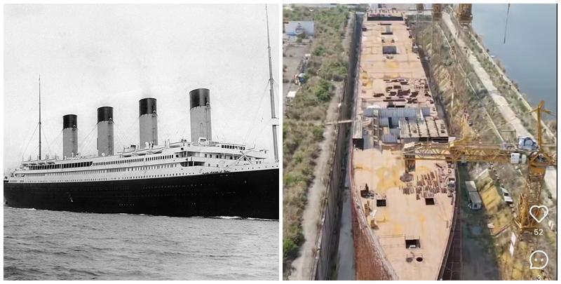 四川復刻版「鐵達尼號」2014年5月開建至今仍未完工。有網民近日發布航拍影片，指這座藏身於四川大英縣江邊船塢內的巨輪只具雛形鏽跡斑斑。(影片截圖)