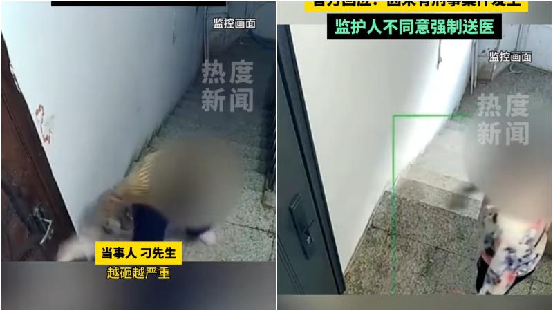 閉路電視拍下這名鄰居前來瘋狂敲門。（圖/翻攝新浪微博）