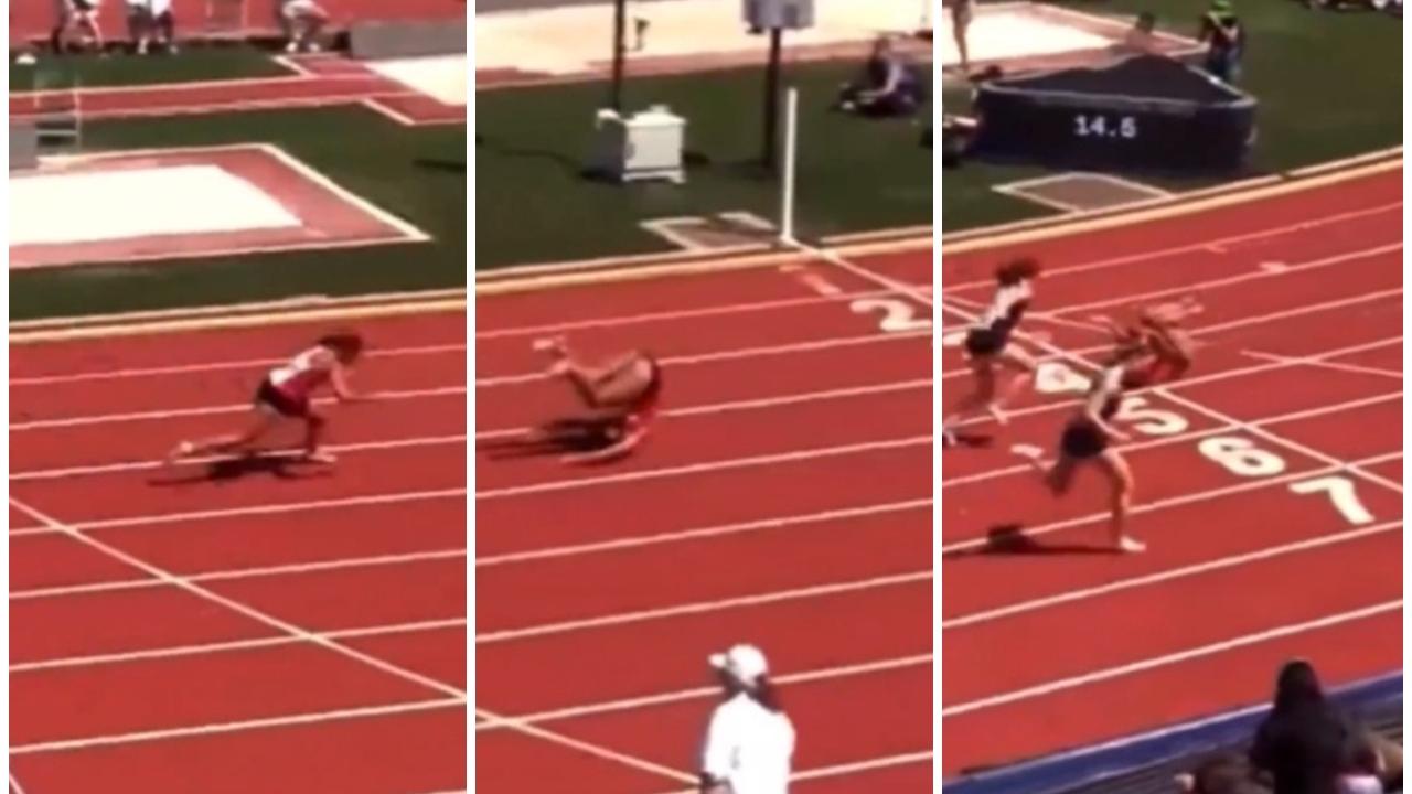 17歲女生跨欄摔倒，連打兩筋斗碌過終點奪冠。(X)