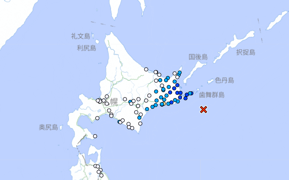 日本北海道根室半島東南近海發生地震，日本氣象廳指強度為6.1級，目前暫無人員傷亡報告。(日本氣象廳)