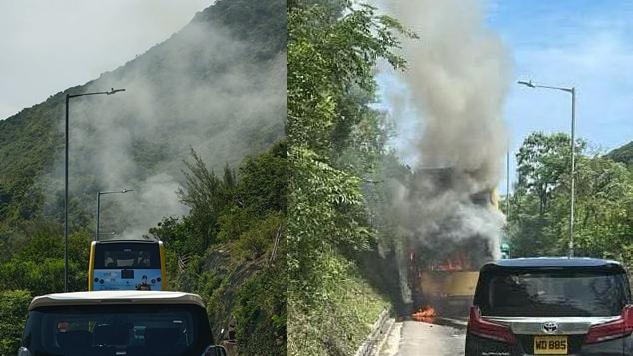 淺水灣發生巴士自焚案。（fb「馬路的事 (即時交通資訊台)」圖片）