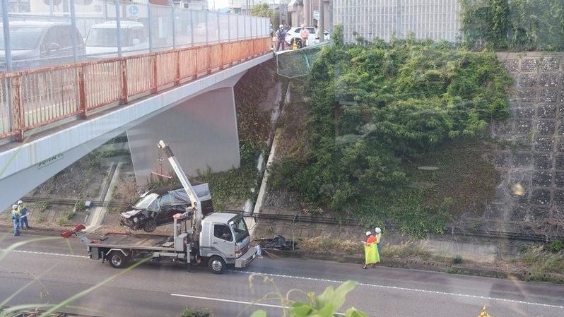 日本一輛七人車撞破路邊的圍欄跌落公路。(網上圖片)