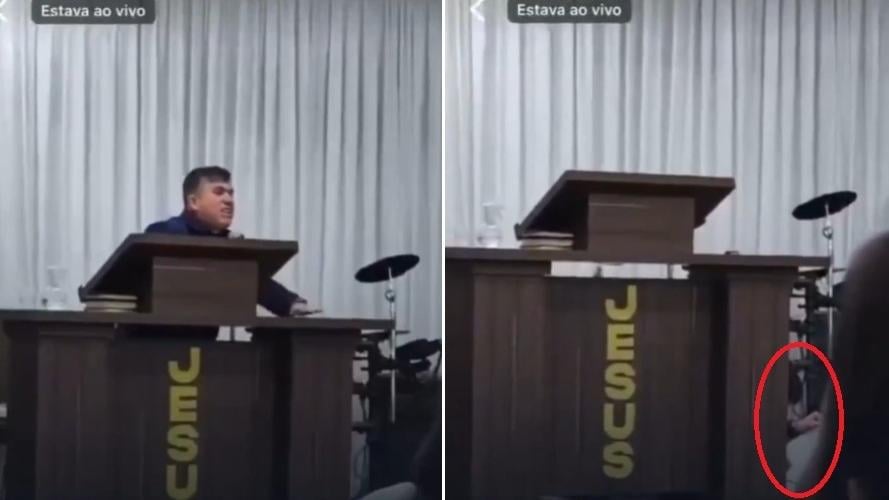 牧師卡維尼奧佈道時說到激動之處突然跪地，卻癱軟不起。(互聯網)