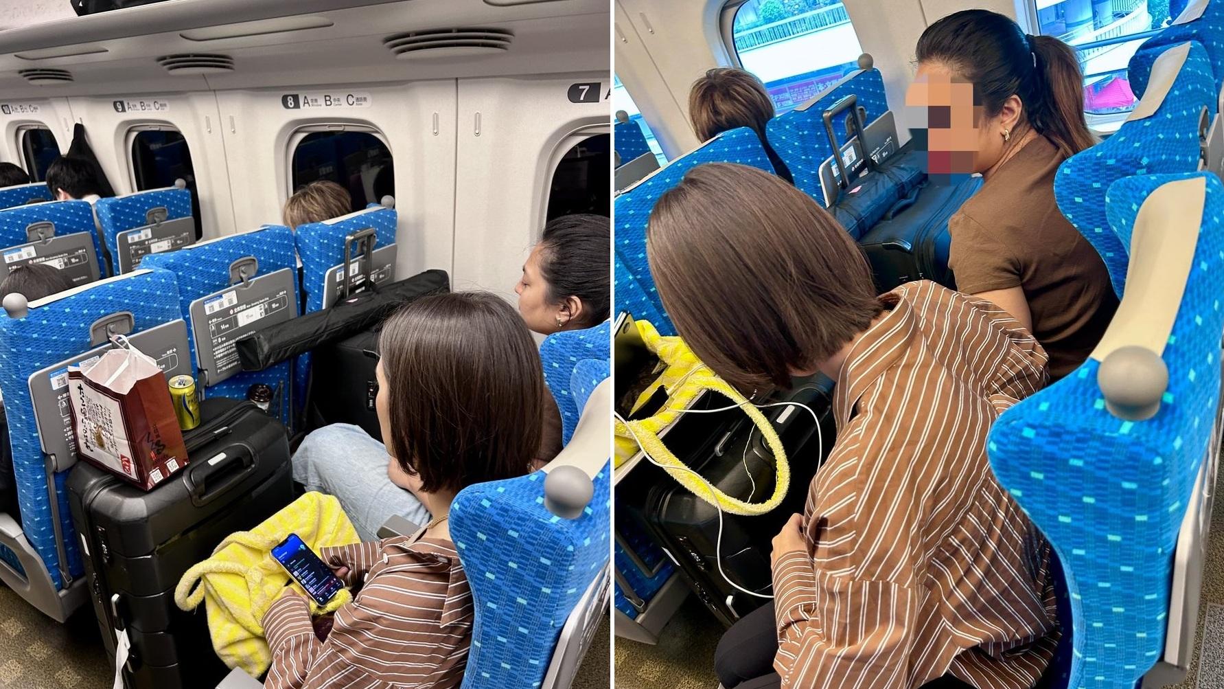 日本女子貼出外國人兩件大型行李擋路，讓她無法進入窗口座位的情況。(互聯網)