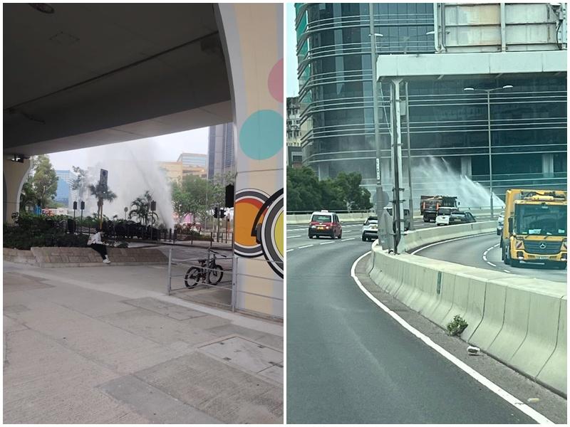 牛頭角海濱道爆水管水柱噴射10層高，部份行車線一度封閉。(香港突發事故報料區2.0 Facebook)