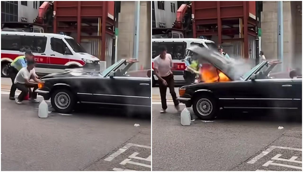 銅鑼灣有古董平治起火。(@fbSing Chai影片截圖)