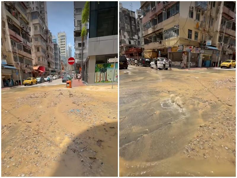 油麻地官涌街爆鹹水管，黃泥水夾雜沙石湧出路面。(香港突發事故報料區)