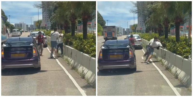 柴灣道發生交通意外，兩架私家車相撞，網上流傳片段，懷疑事發後兩名男子落車在馬路互毆。（車cam L FB）
